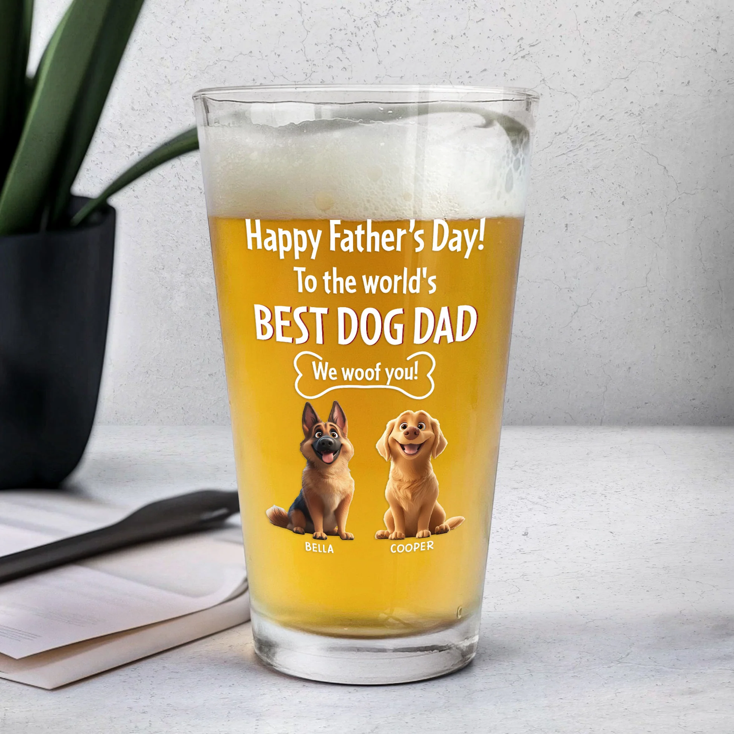Happy Father's Day Best Dog Dad Personalized Beer Glass - Custom Pet Lover Gift for Dad, Classy Home Bar Display