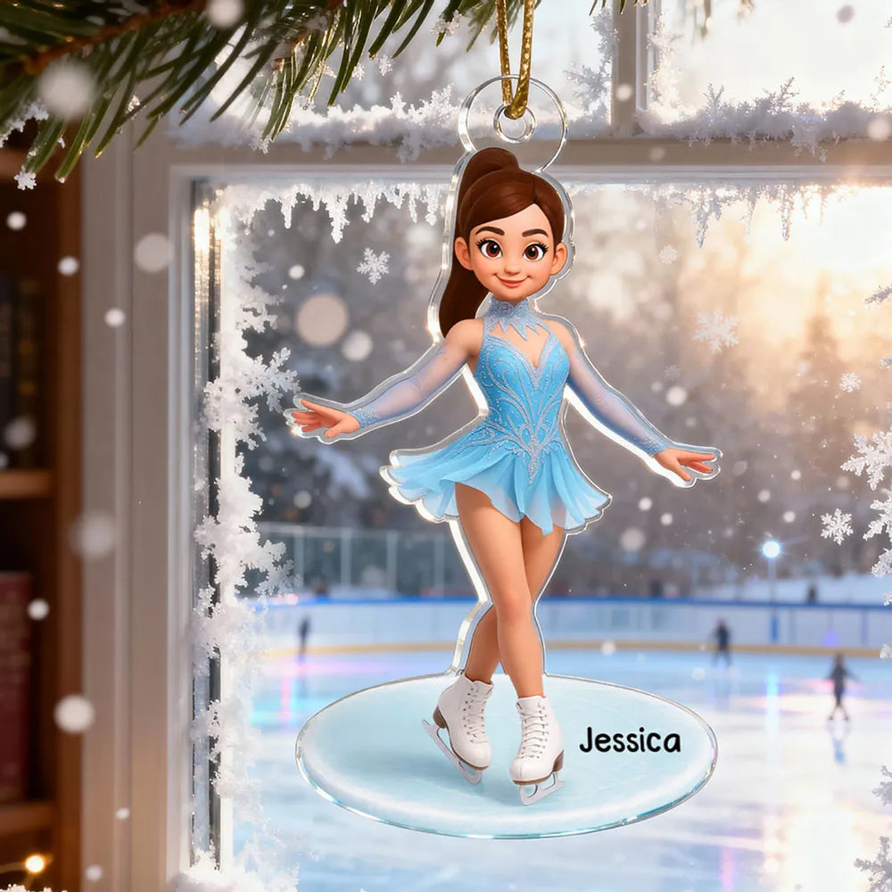 Cute Figure Skater Acrylic Ornament for Holiday Tree, Winter Wonderland Decor and Creative Gift for Daughters and Young Skaters