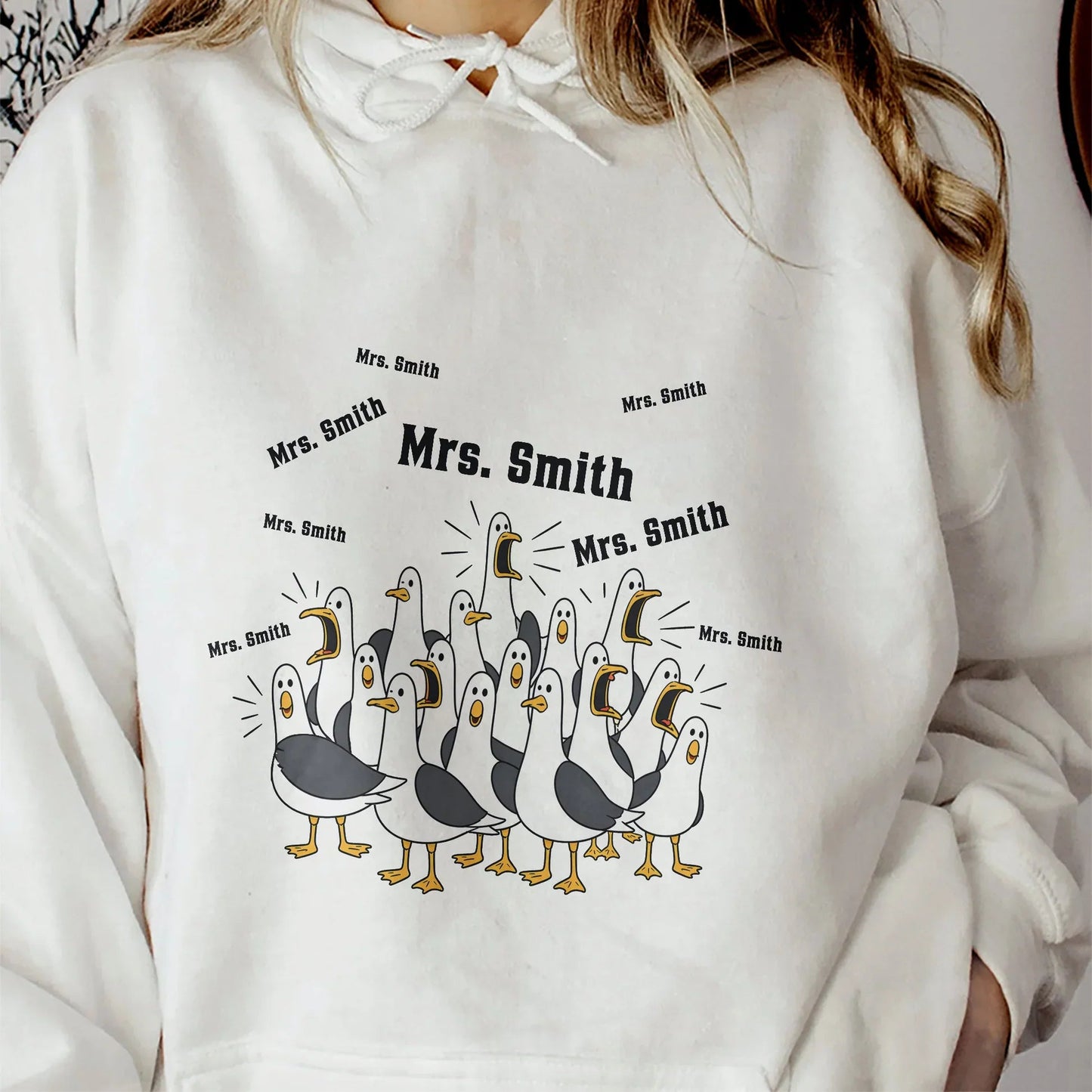 Personalized Funny Seagulls Classic Tee with Custom Teacher Name, Cute Cartoon Gift for Teachers