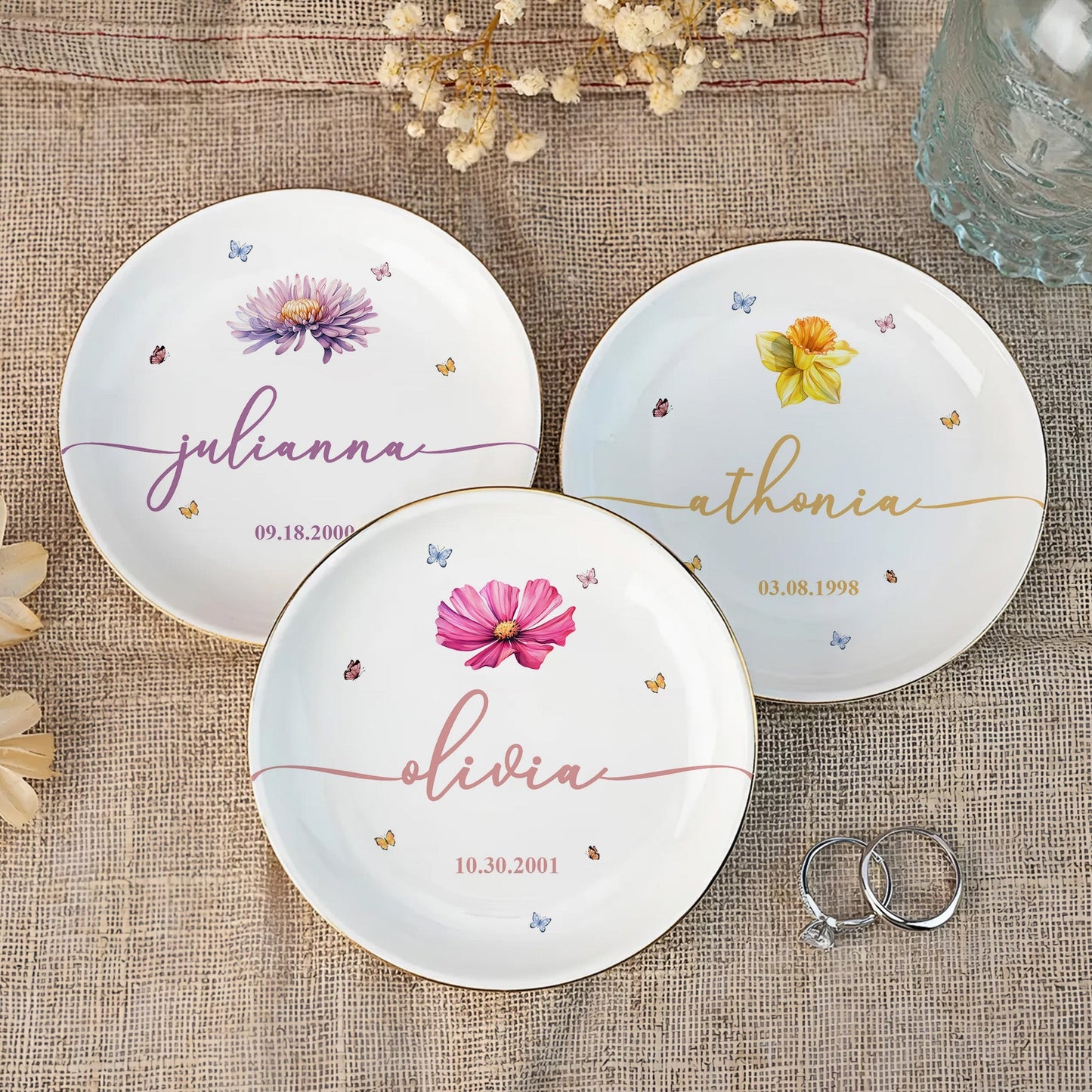 Custom Floral Jewelry Dish with Elegant Accents, Personalized Gift