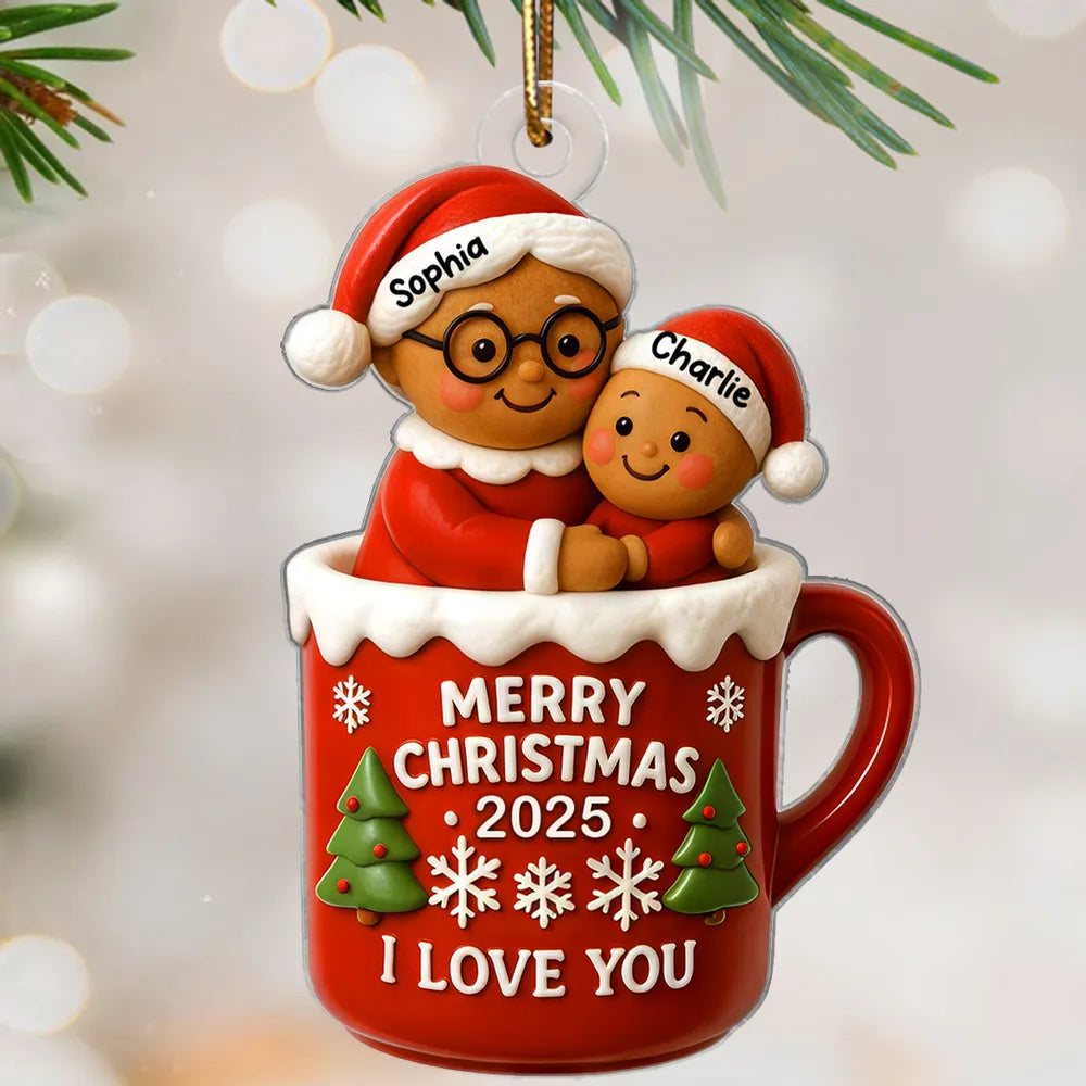 Acrylic Ornament with Grandma and Child in Red Christmas Mug, Festive Holiday Décor and Perfect Gift for Family