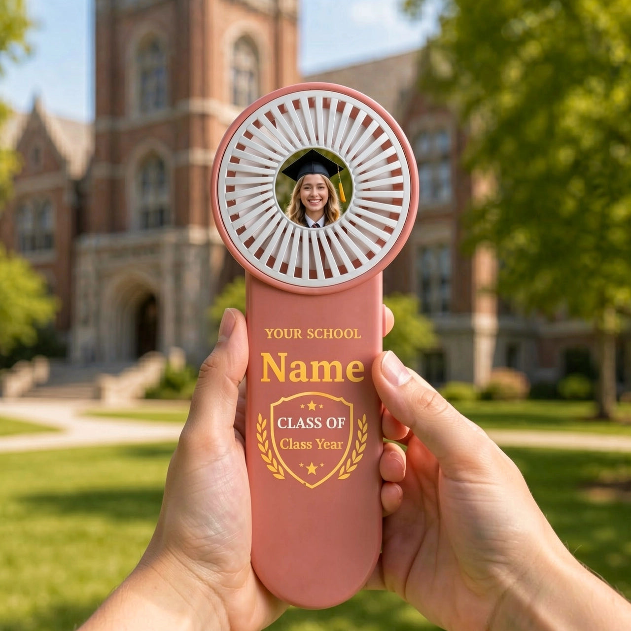 Custom School Pride Handheld Fan with Graduate Portrait - Thoughtful Keepsake Gift for Graduation Season