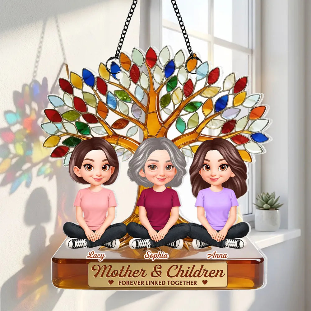 Personalized Acrylic Suncatcher Ornament for Mom, Mother and Children Under Colorful Tree, Unique Gift That Lights Up Any Window