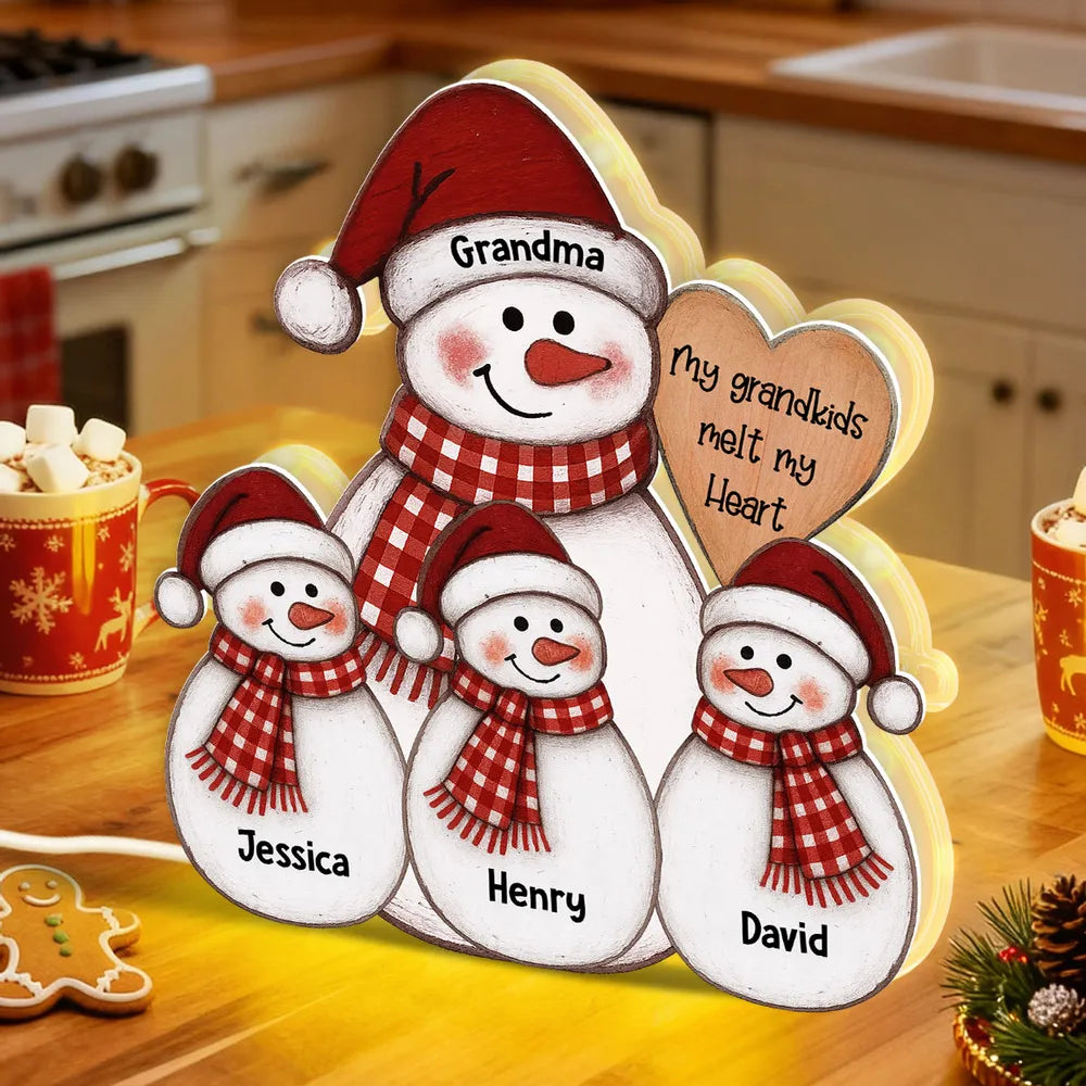 Acrylic Light Box Snowman Grandma & Grandkids, Christmas folk art, warm glow, unique gift for Grandma
