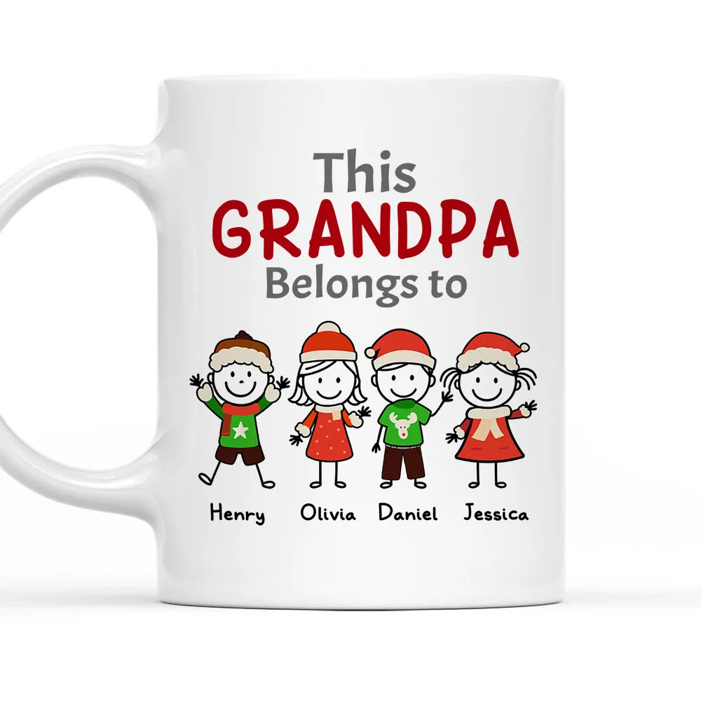 Custom “This Grandpa Belongs To” Mug – Holiday Stick-Figure Art, Unique Personalized Gift for Grandpa