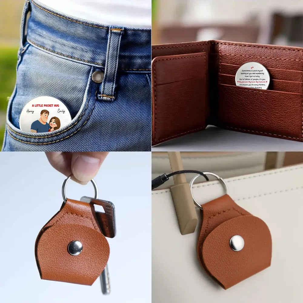 Personalized Pocket Hug Token for Couples, Cute Cartoon Hugging Couple Love Quote, Unique Romantic Gift Keepsake