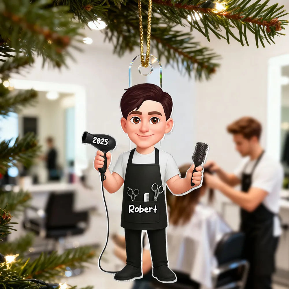Personalized Acrylic Ornament for Hairdressers β Custom Hair Stylist Couple Design, Festive Decor & Unique Christmas Gift