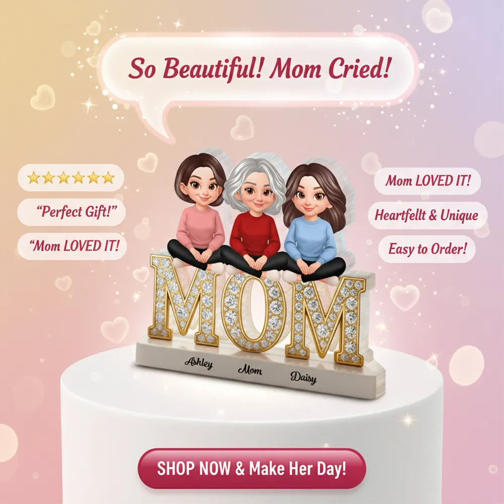 Personalized Shaped Acrylic Block Plaque with Mom & Daughters Cartoon Illustration, Sparkly MOM Shelf Decor, Unique Gift for Mom