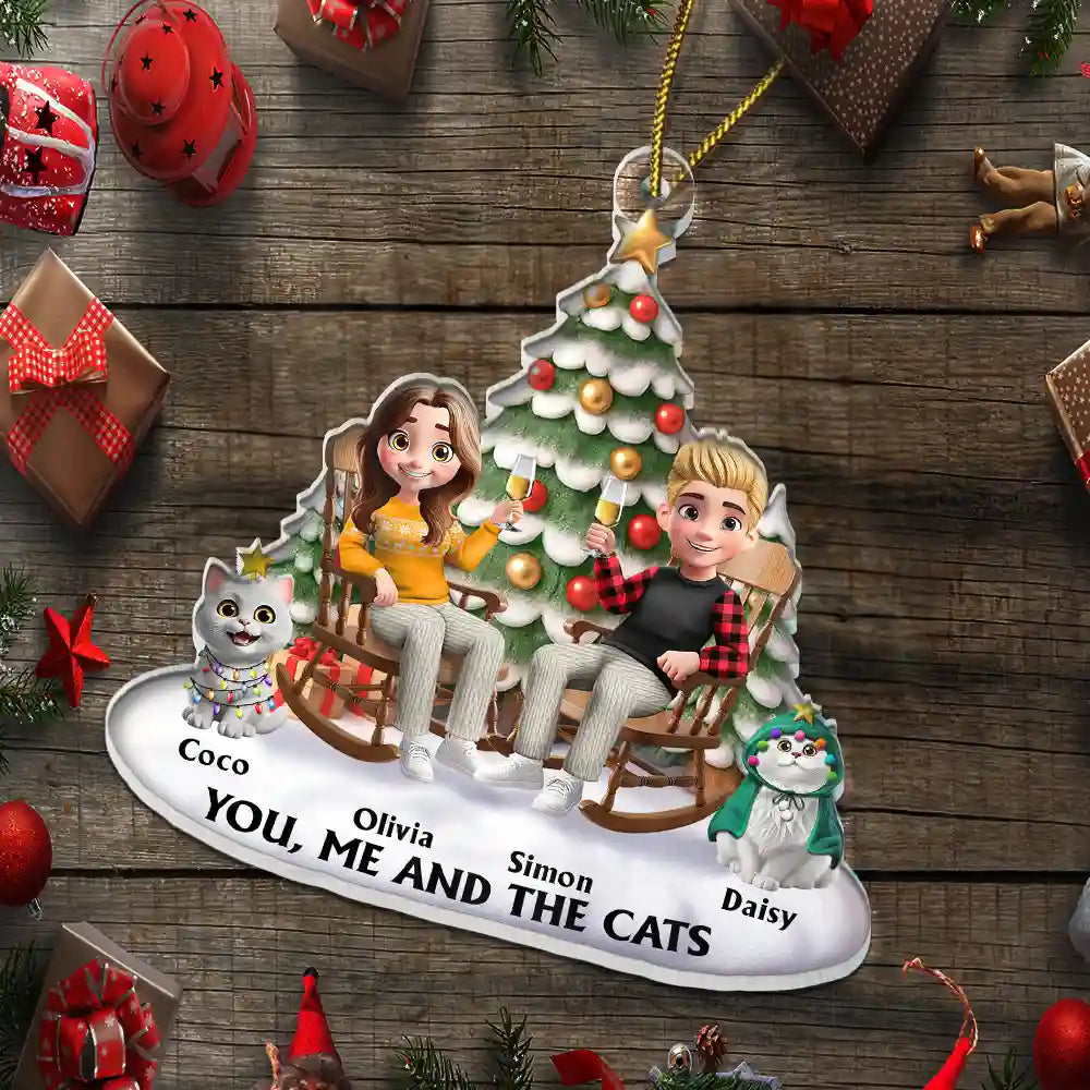 Acrylic Ornament featuring a couple and their cat under a festive tree – warm, photo-friendly décor and a perfect gift for cat-loving families