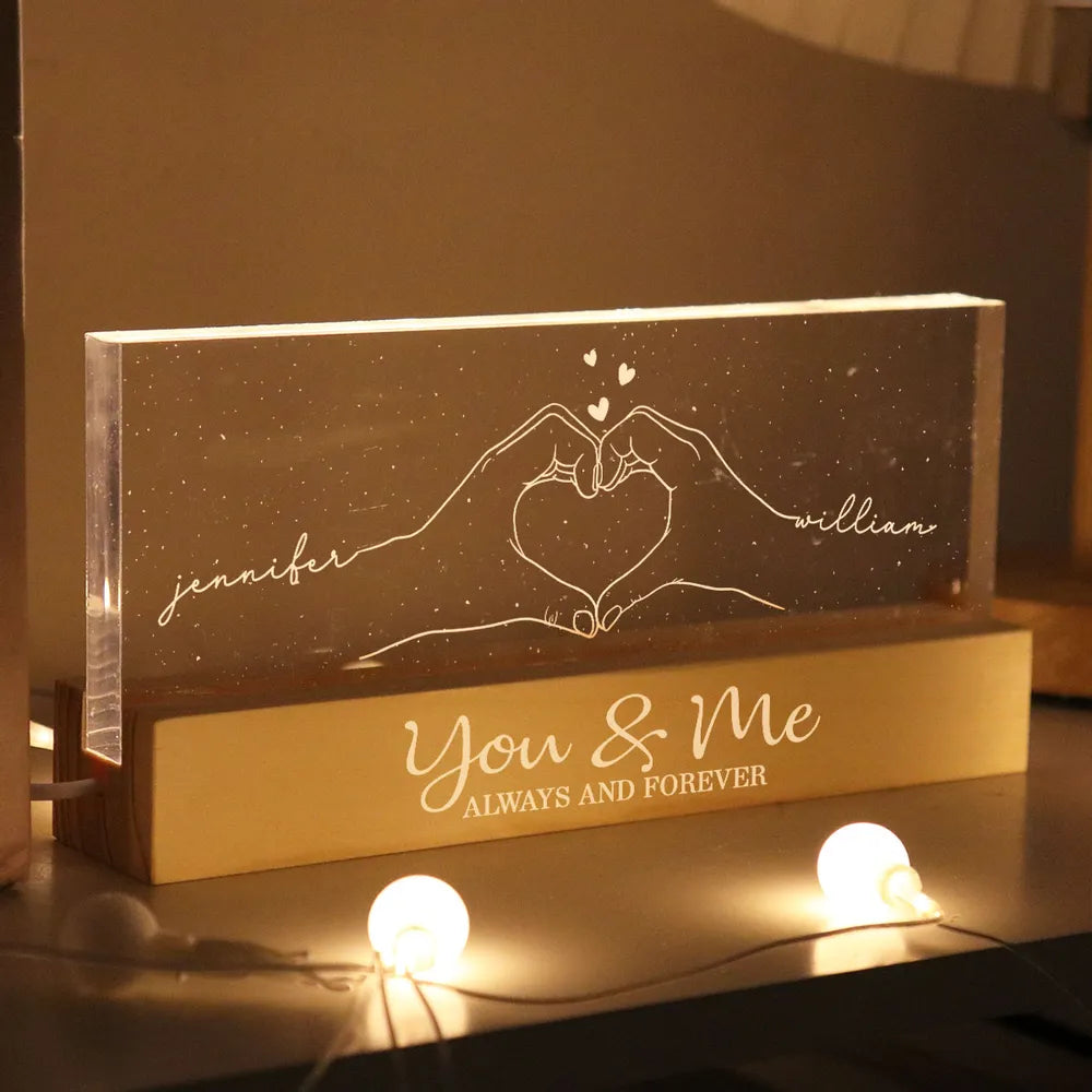 Personalized Block LED Light Plaque with Heart Hands Outline for Couple, Warm Night Light Keepsake, Unique Gift for Him or Her