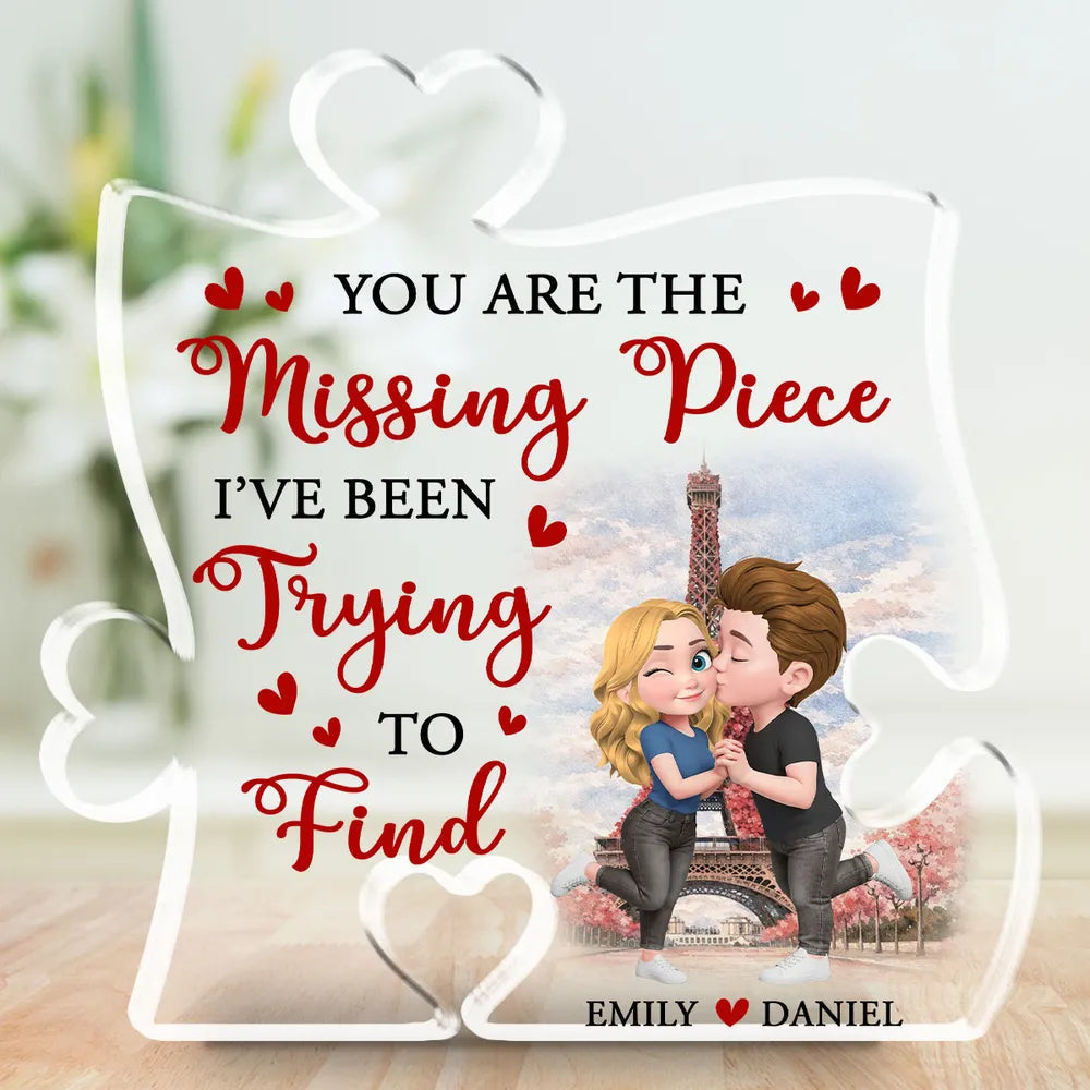 Personalized Puzzle Acrylic Block Plaque You Are The Missing Piece Cute Cartoon Couple Kissing, Unique Anniversary Gift