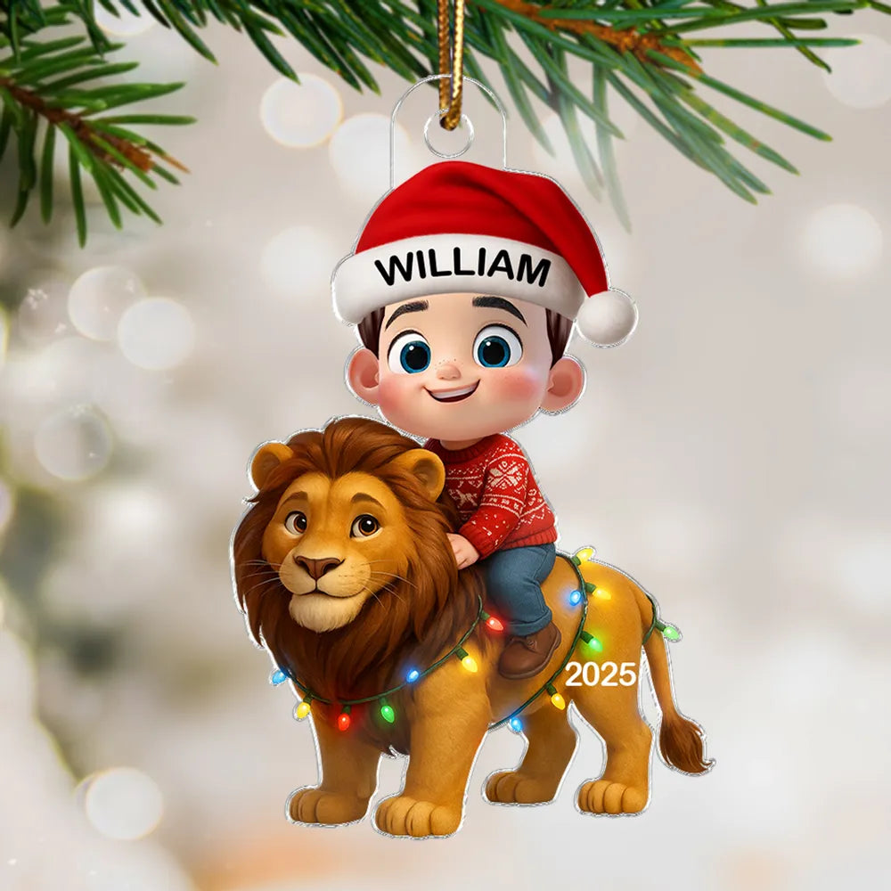 Christmas Acrylic Ornament with Cute Child Riding Lion, Festive Illustration, Perfect Gift for Kids
