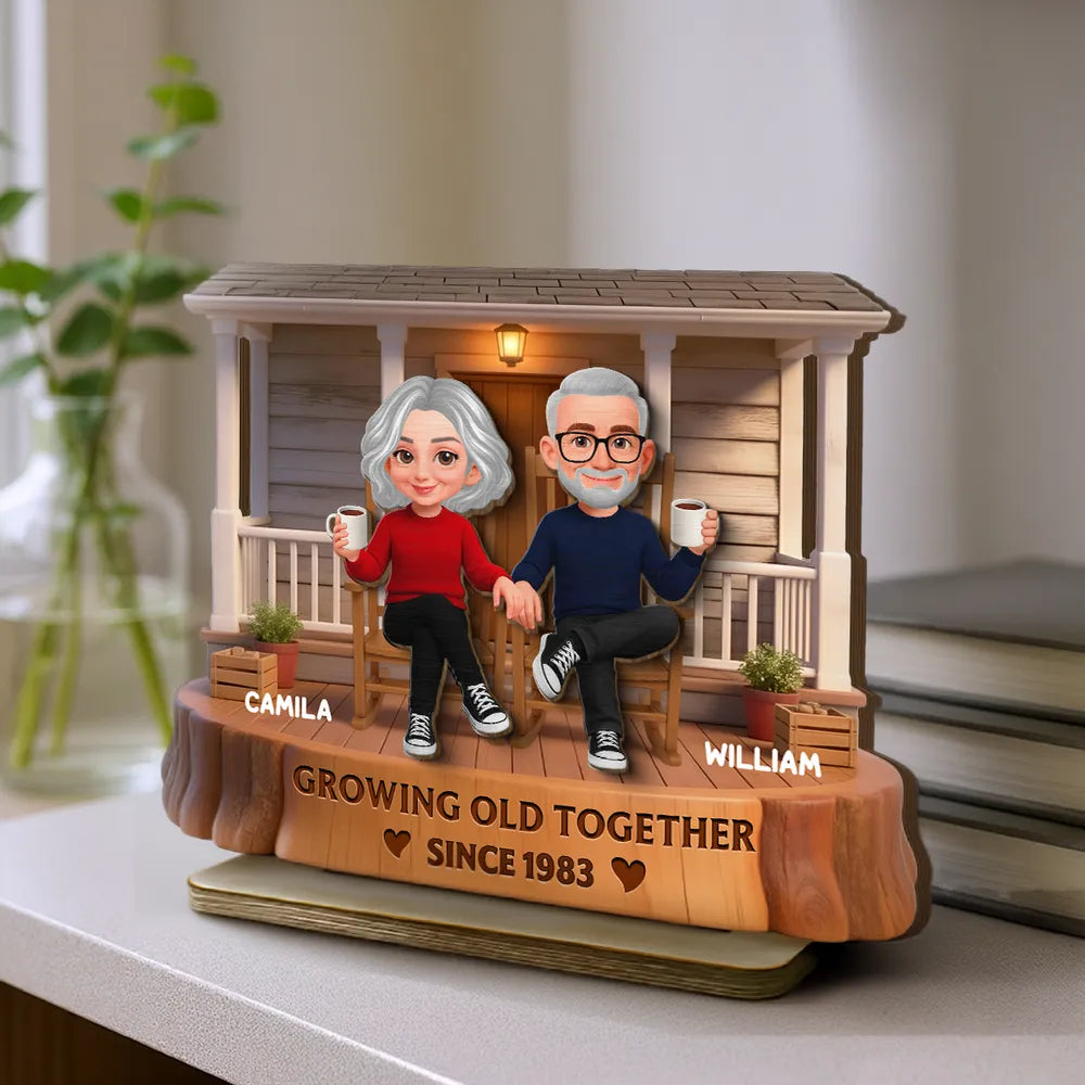 Personalized 2-Layer Wooden Plaque, Couple Holding Hands on a Cozy Front Porch, Growing Old Together, Unique Gift for Him & Her
