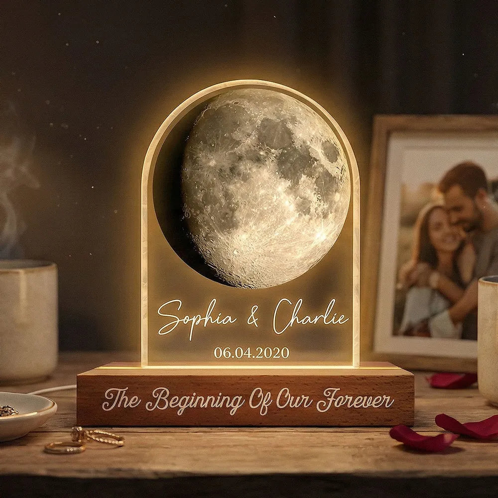 Personalized Moon Phase Block LED Light Plaque for Couple Anniversary Bedroom Decor, Warm Romantic Glow, Unique Gift