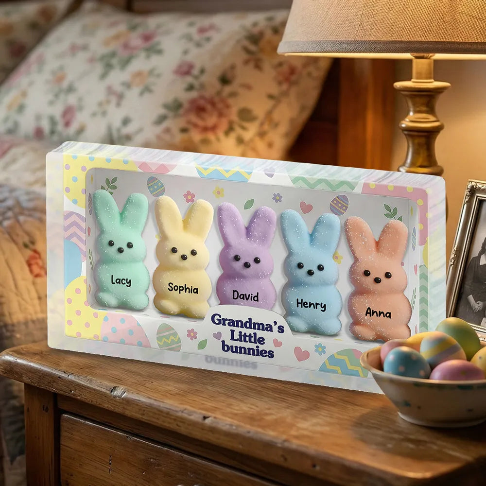 Personalized Rectangle Acrylic Block Plaque for Grandma, Pastel Easter Bunnies Desk Decor, Unique Gift She'll Love