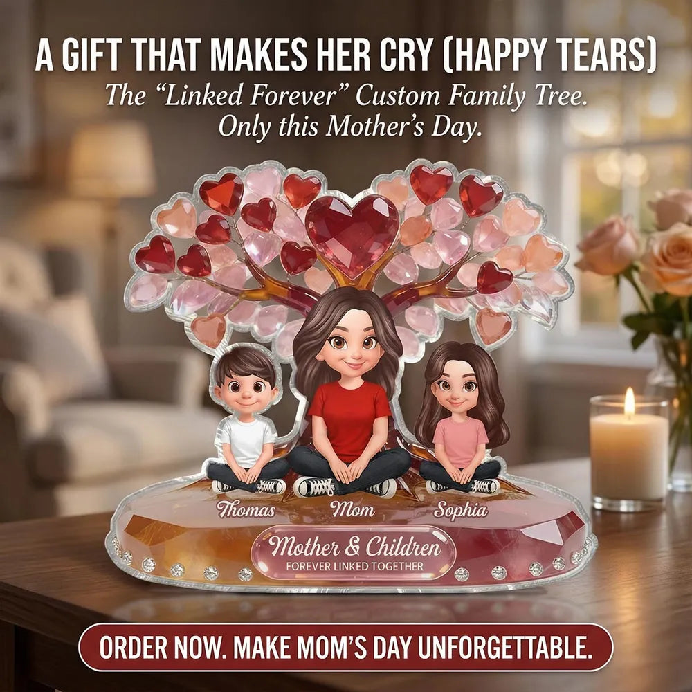 Personalized Shaped Acrylic Block Plaque Mom With Kids Under Heart Tree - Unique Mother's Day Gift, Forever Linked Decor