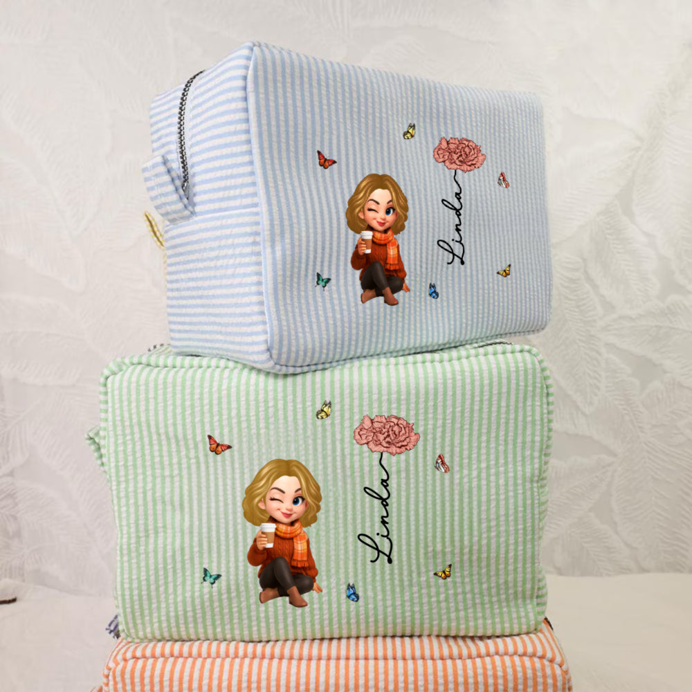 Stripes Makeup Bag with Cartoon Character Design, Portable Storage, Perfect Gift for Women