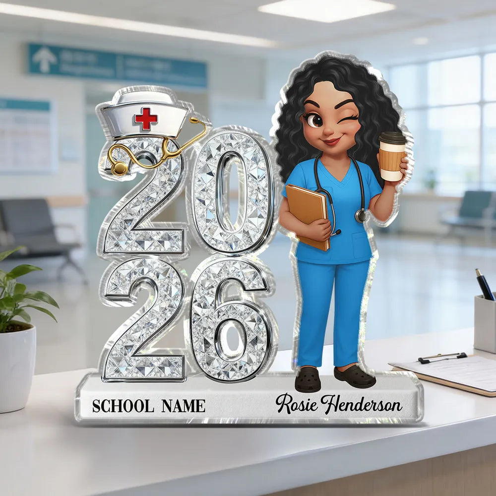 Personalized Shaped Acrylic Block Plaque for Nursing Graduation Class Gift, Cute Nurse Holding Coffee Keepsake