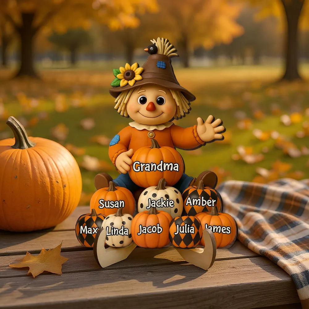 2-Layer Wooden Plaque with Scarecrow and Pumpkin Theme, Personalized Grandma & Family Keepsake Gift