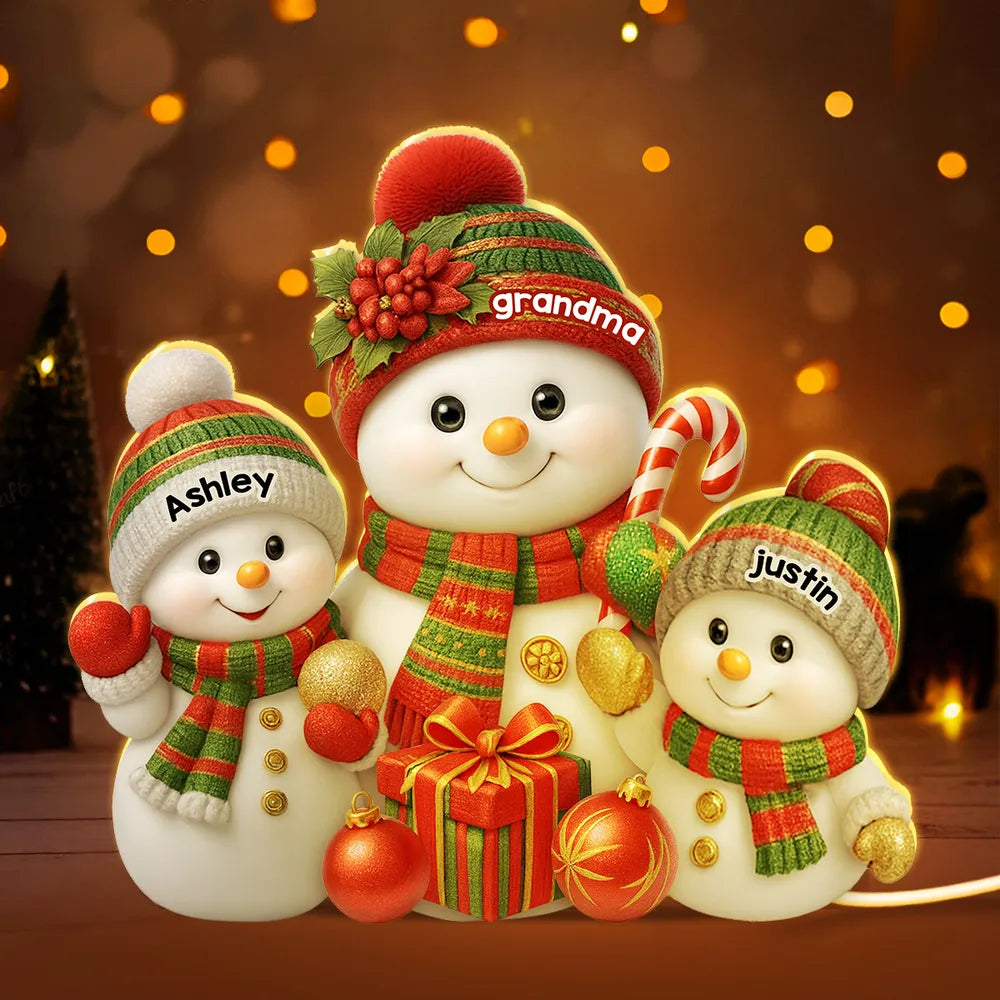 Personalized Acrylic Light Box with Grandma Snowman & Grandkids, Soft Warm Glow Christmas Décor, Unique Gift for Grandma