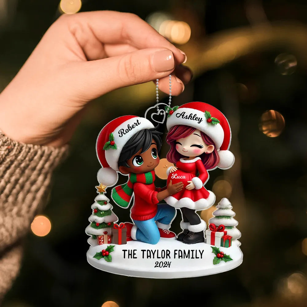 Christmas Acrylic Ornament - Expecting Couple with Santa Hats, Baby-Bump Moment, Festive Keepsake, a Unique Gift for New Mom & Dad