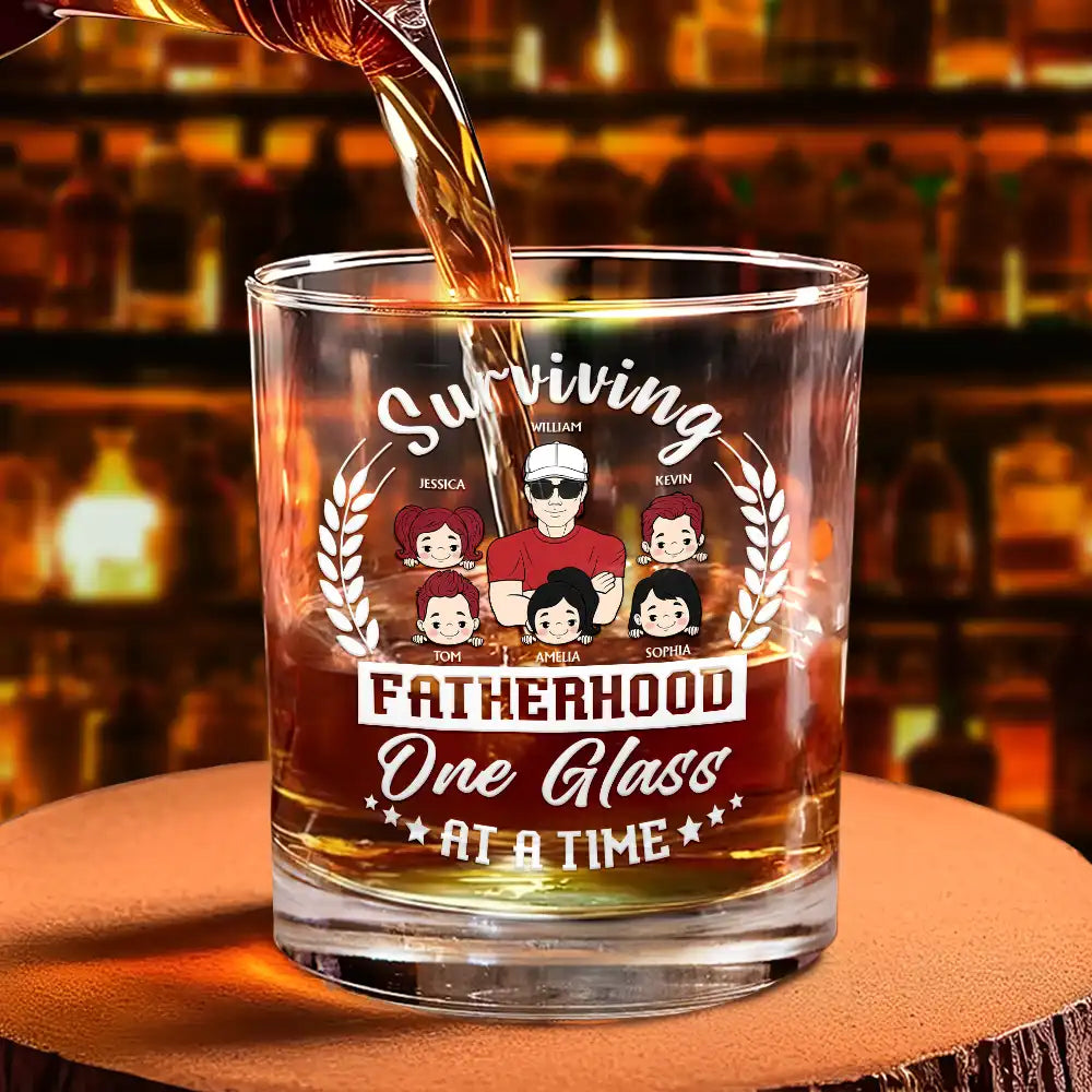 Funny Fatherhood Whiskey Glass with Family Names – Surviving Fatherhood One Glass at a Time, Ideal Father’s Day Gift