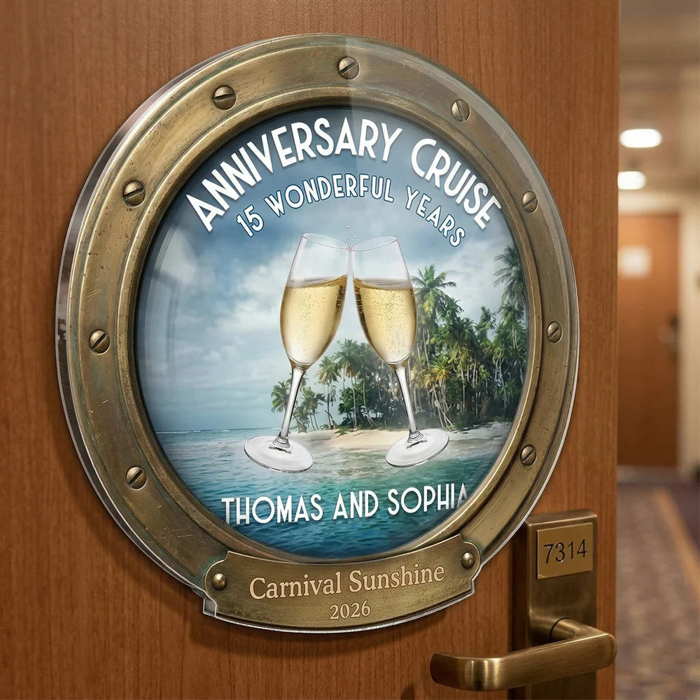 Personalized Anniversary Cruise Acrylic Magnet, Champagne Toast Beach Scene, Unique Couple Gift for Cabin Door