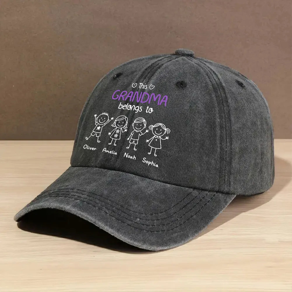 Washed Denim Baseball Cap - 'This Grandma Belongs To' Personalized, Hand-Drawn Stick Kids, Unique Gift for Grandma