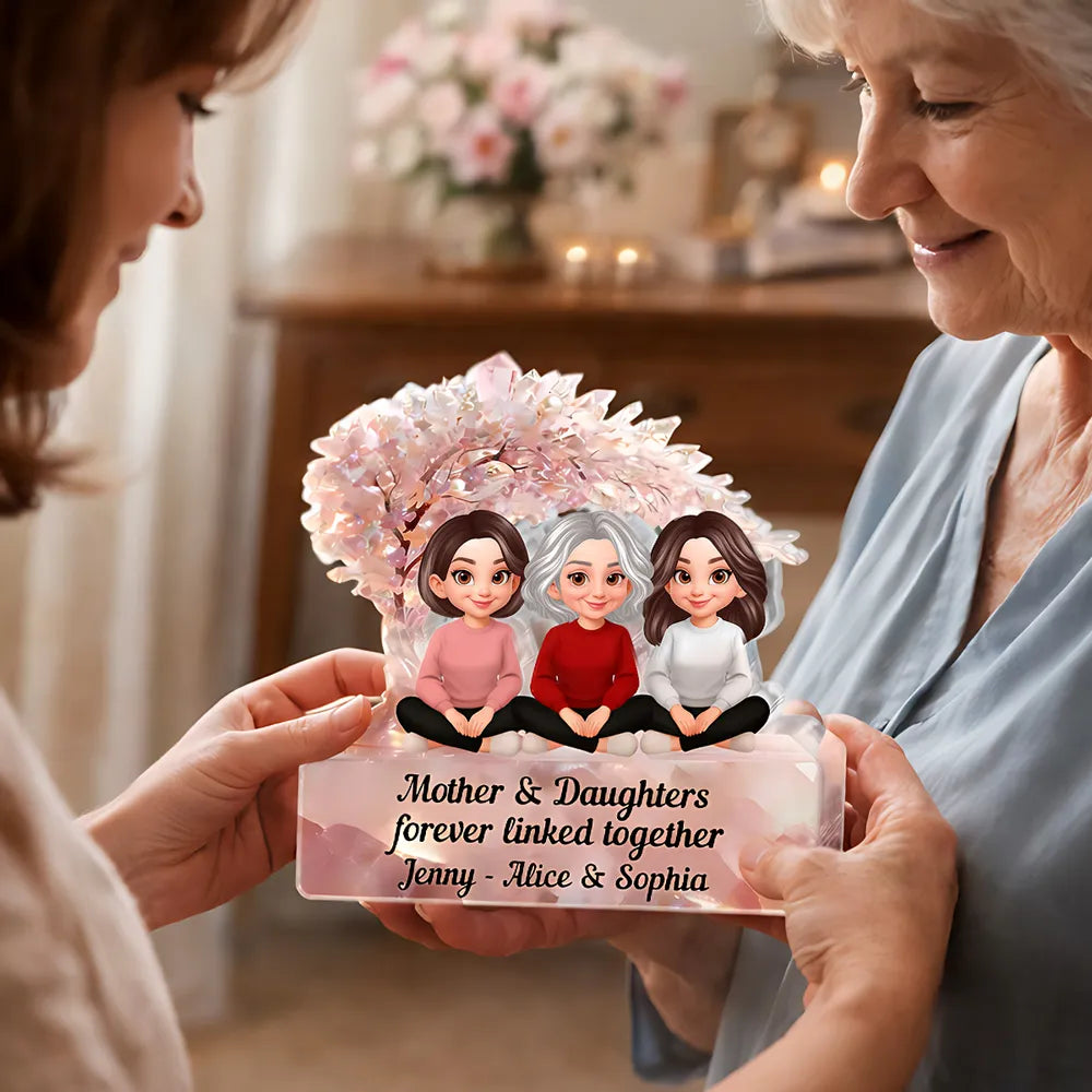 Personalized Shaped Acrylic Block Plaque, Mother & Daughters Under Pink Blossom Tree, Unique Gift for Mom