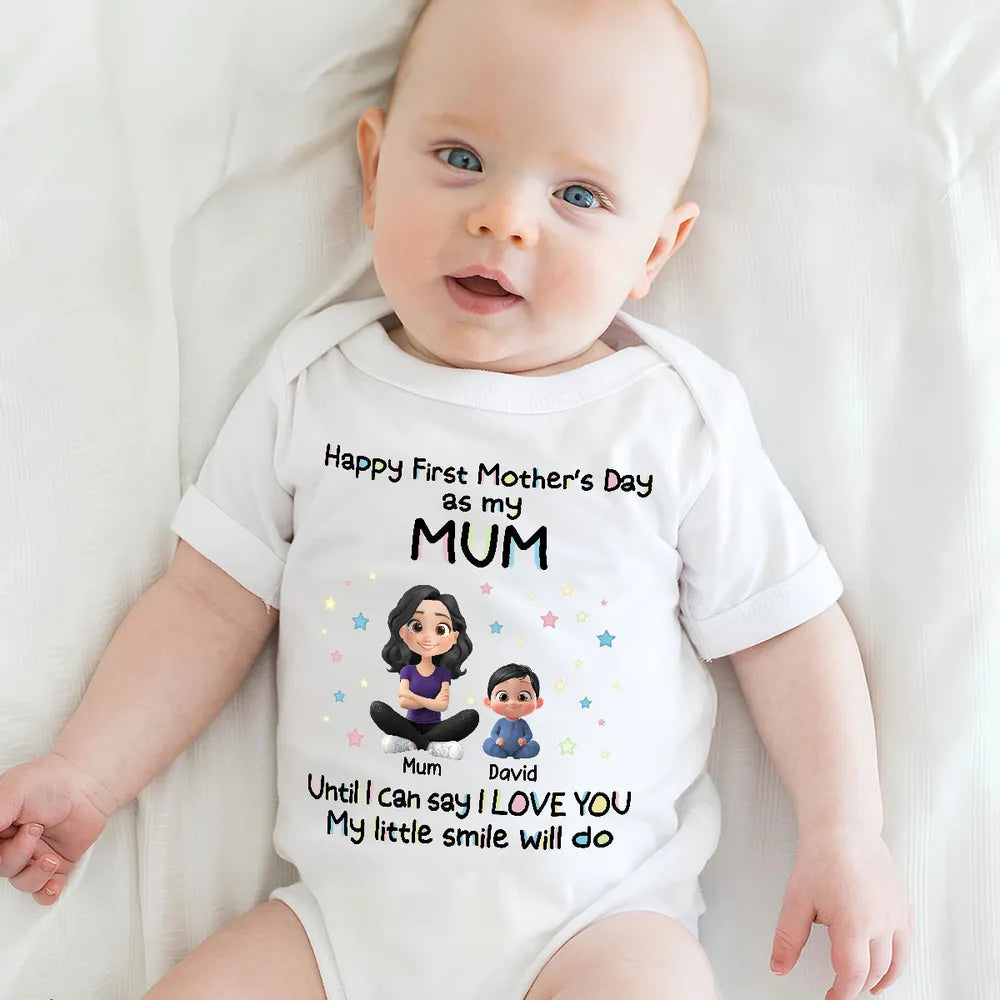 Personalized Short Sleeve Baby Onesie Happy First Mother's Day as My Mom Cute Cartoon Mom & Baby Gift