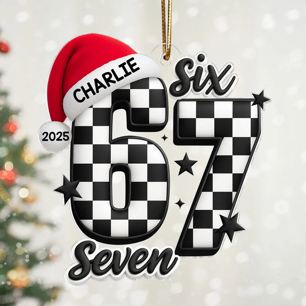 Personalized Acrylic Ornament with Checkered 67 and Santa Hat β Custom Kids Christmas Decor and Unique Holiday Gift