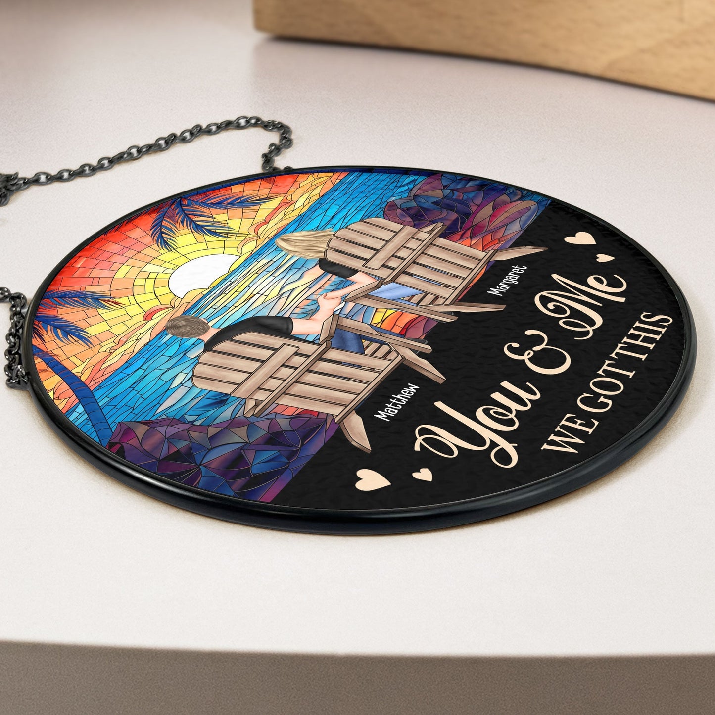 Custom Couple Glass Suncatcher Ornament β "You & Me, We Got This" Love Symbol