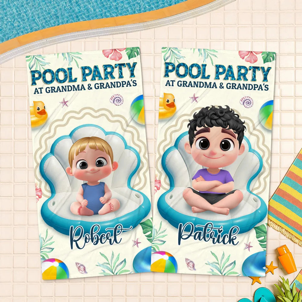 Personalized Pool Party at Grandma & Grandpa's Beach Towel, Cute Cartoon Kid Float Design, Unique Gift for Grandparents