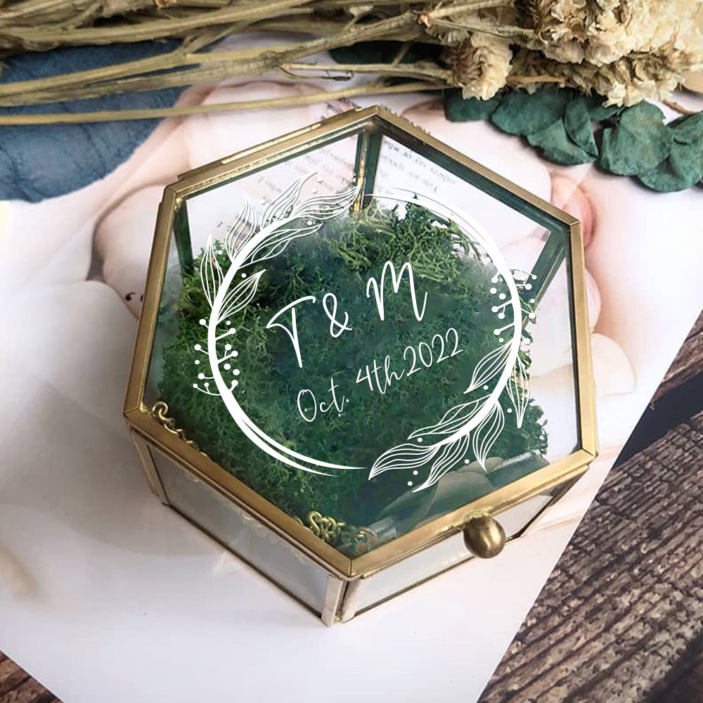 Custom Text - Personalized Initials and Date Hexagon Glass Ring Box