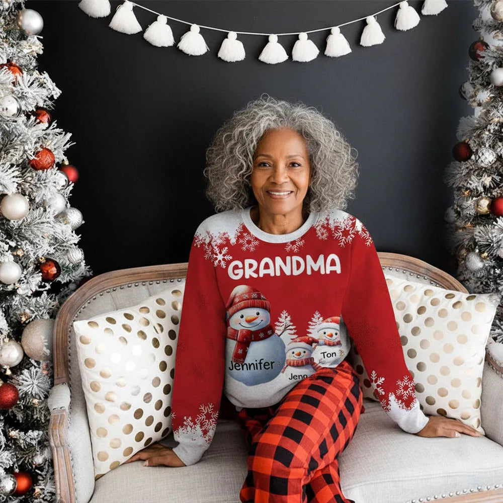 Snowman Family Sweatshirt, Personalized All-Over Print for Grandma, Festive Red, Snowy Forest vibe, a unique Christmas gift