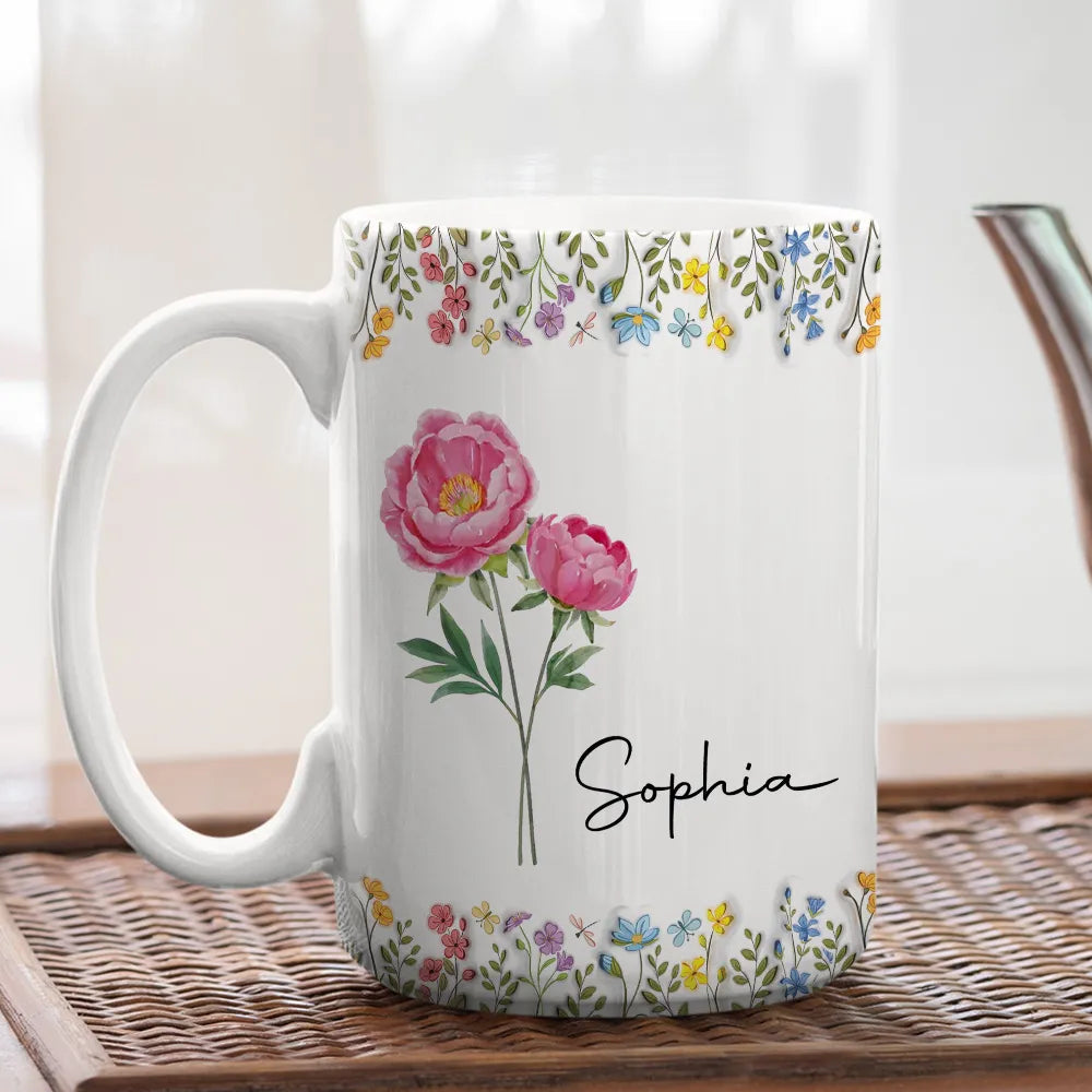 White Ceramic Mug with Floral Design and Name Print β Elegant Personalized Gift for Her, Perfect for Birthdays and Special Moments