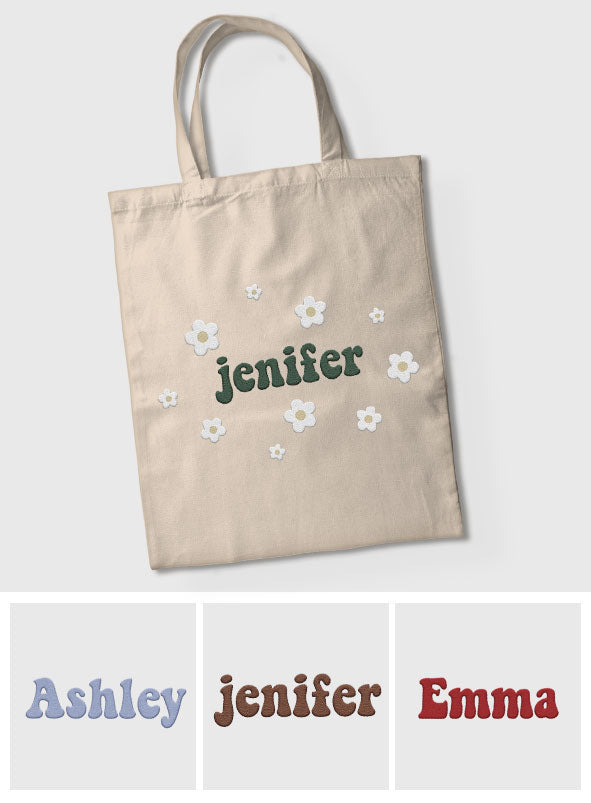 Custom Name With Flower - Personalized Couple Embroidered Tote Bag