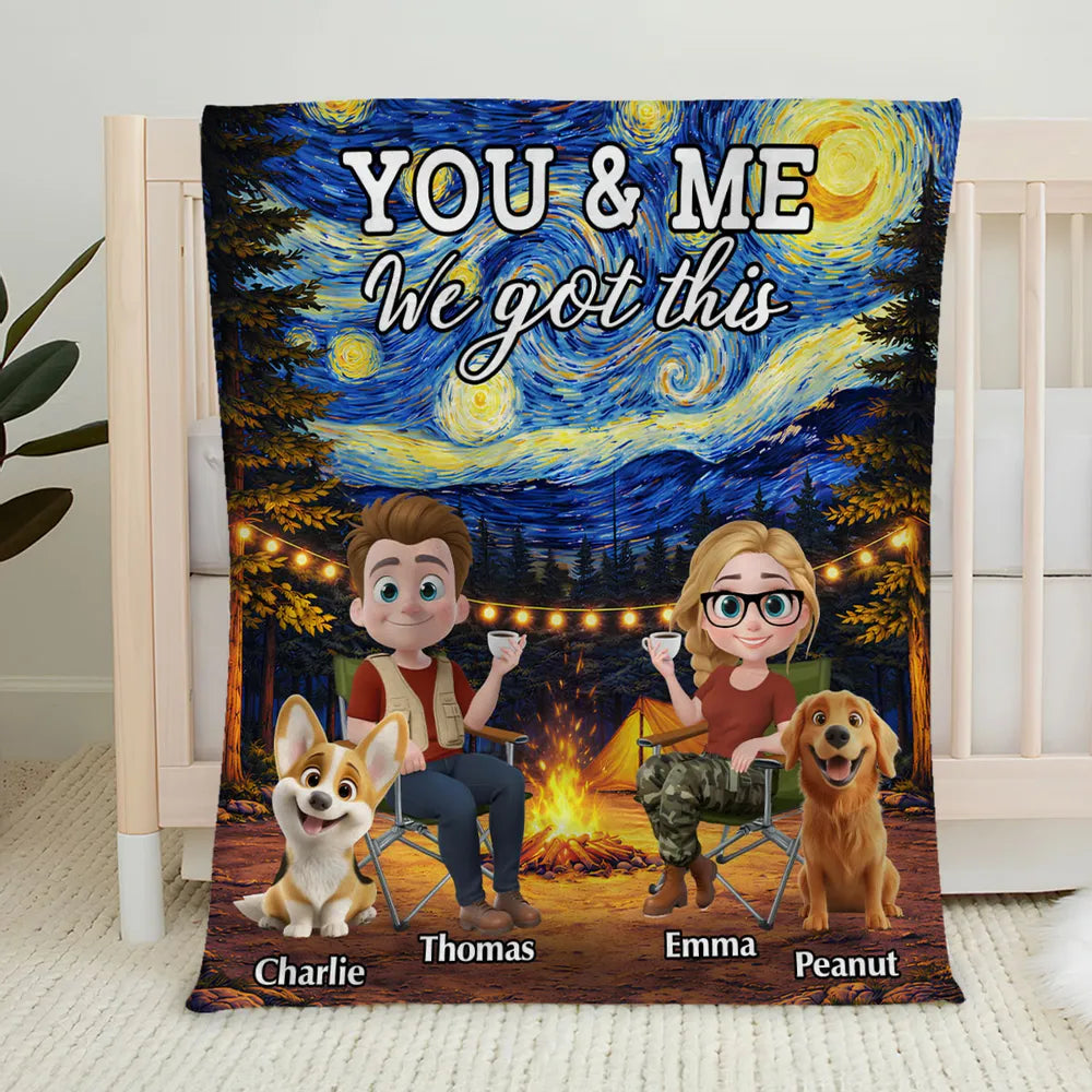 Personalized You & Me Camping Fleece Blanket, Cozy Campfire Couple & Dogs, Unique Gift for Couples