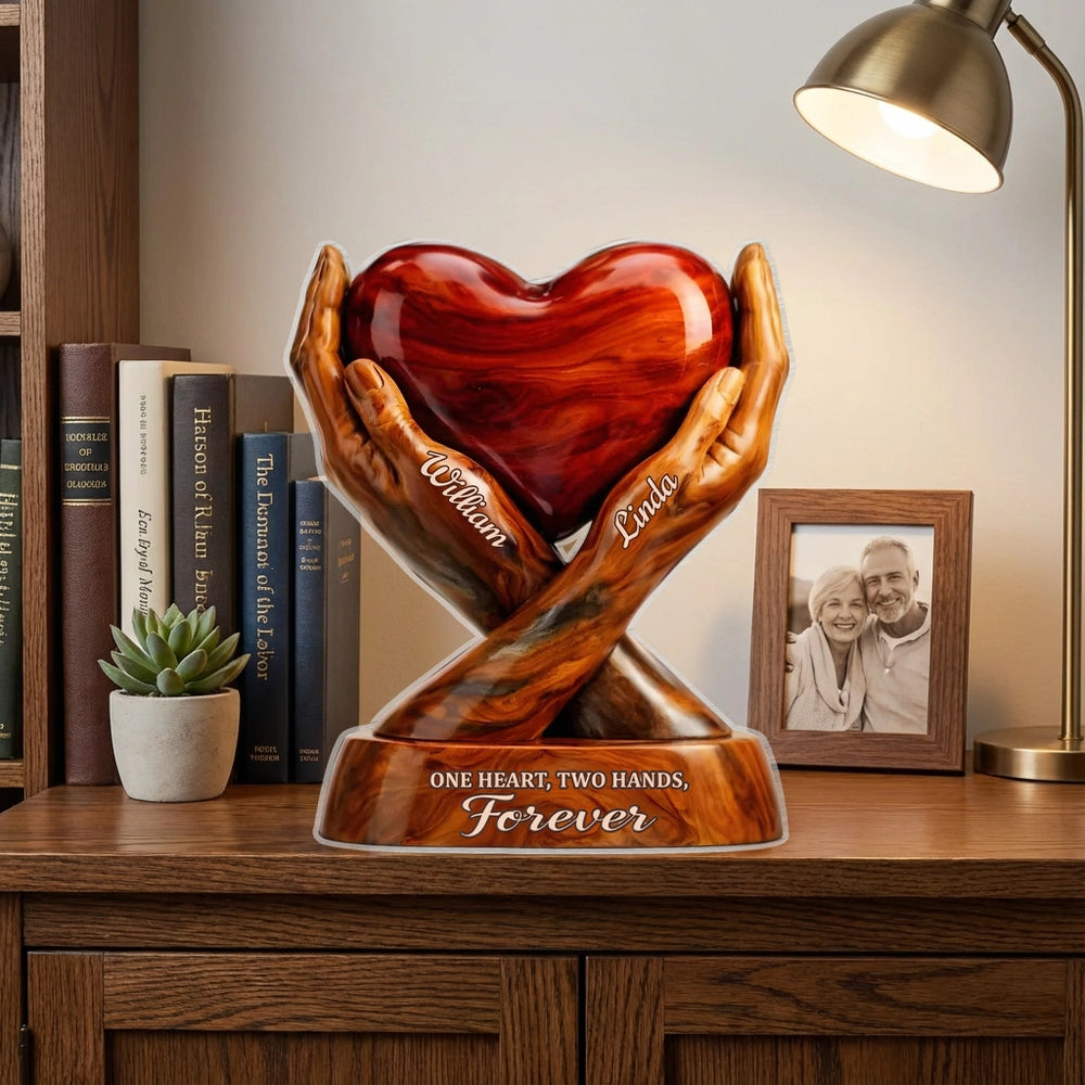 Shaped Acrylic Block Plaque with Heart Held by Two Hands, 'One Heart, Two Hands, Forever' Love Memory, Thoughtful Gift