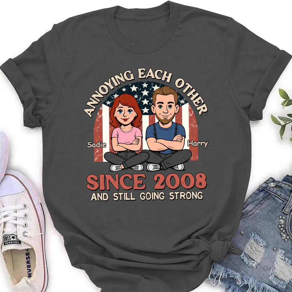 Personalized Classic Tee With Funny Couple Cartoon and USA Flag Backdrop - Unique Anniversary Gift