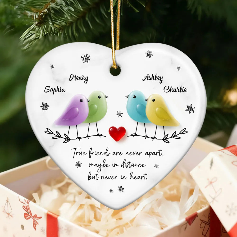 Ceramic Heart Ornament - Colorful Birds, Red Heart & Snowflakes - Unique Gift for Friends, Besties, Long-Distance Bond