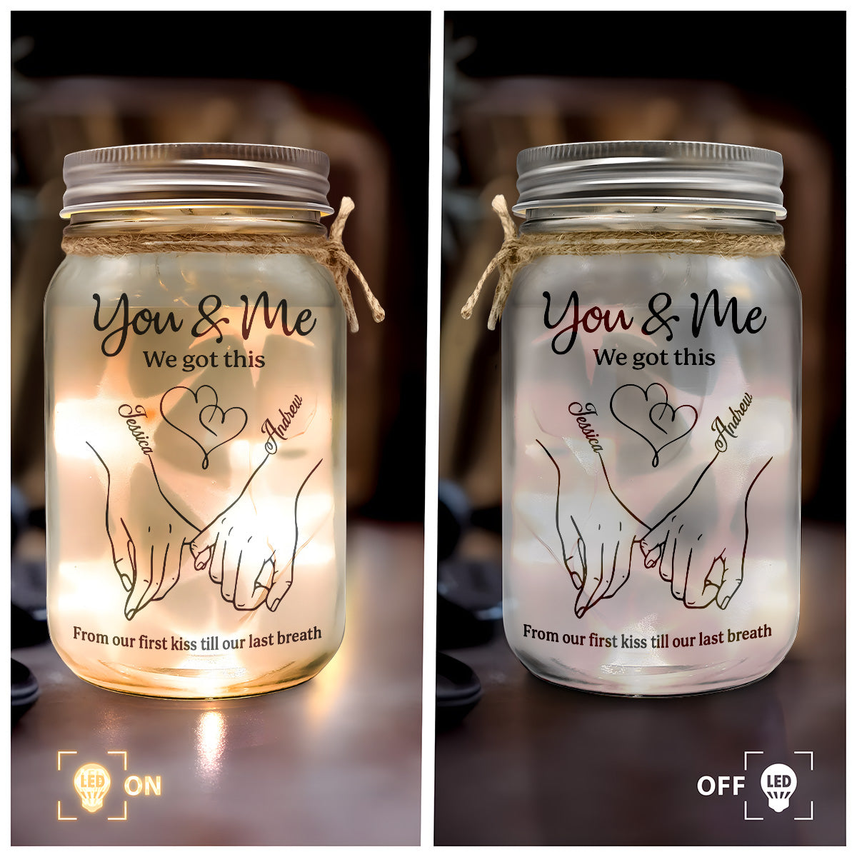 Personalized Glass Mason Jar Light for Couples with Hand-Holding Art, You & Me Romantic Quote, Unique Anniversary Gift