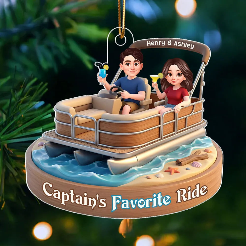 Acrylic Car Hanger Personalized Captain's Favorite Ride with Smiling Boat Couple, Cute Car Mirror Decor Gift for Couples