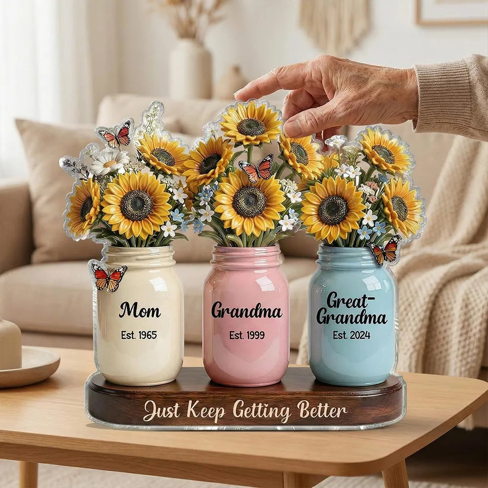 Personalized Rectangle Acrylic Block Plaque Sunflower Mason Jars Desk Decor - Unique Gift for Mom Grandma Great-Grandma