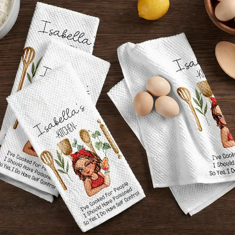 Personalized Kitchen Towel with Funny Cooking Quote and Wine Girl Illustration, Unique Gift for Home Cooks