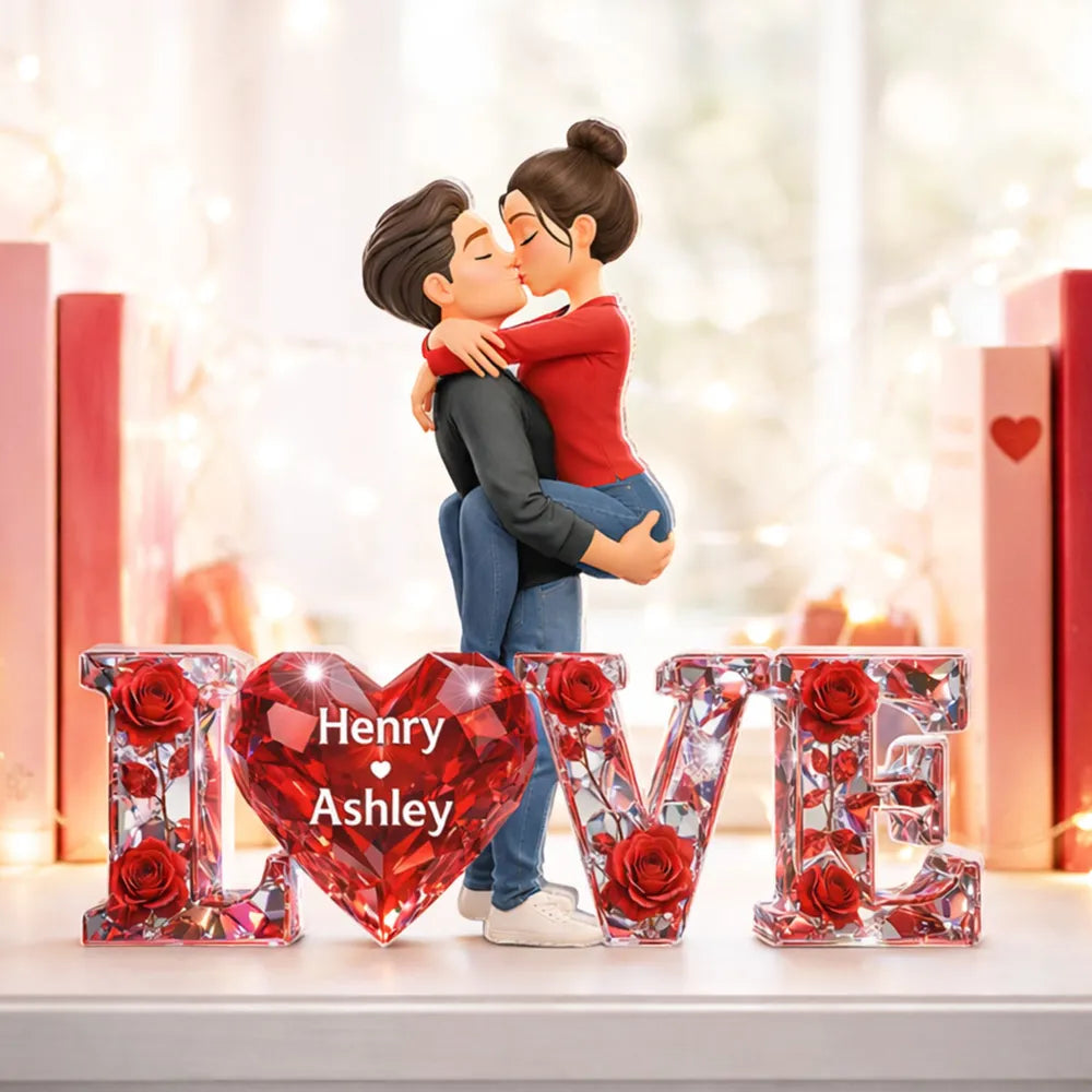 Personalized Shaped Acrylic Block Plaque Kissing Couple with LOVE Heart Roses Romantic Shelf Decor Unique Gift