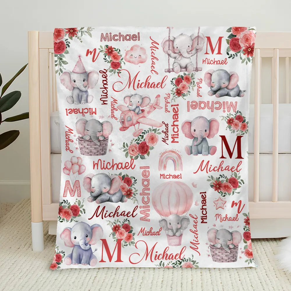 Custom Name Baby Fleece Blanket with Cute Pink Elephant Illustrations, Lightweight Cozy Throw, Adorable Personalized Gift