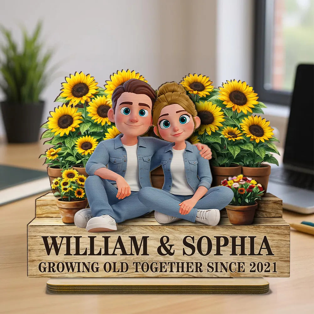 Growing Old Together Since 2-Layer Wooden Plaque with Cozy Couple and Sunflowers Unique Anniversary Gift for Him or Her