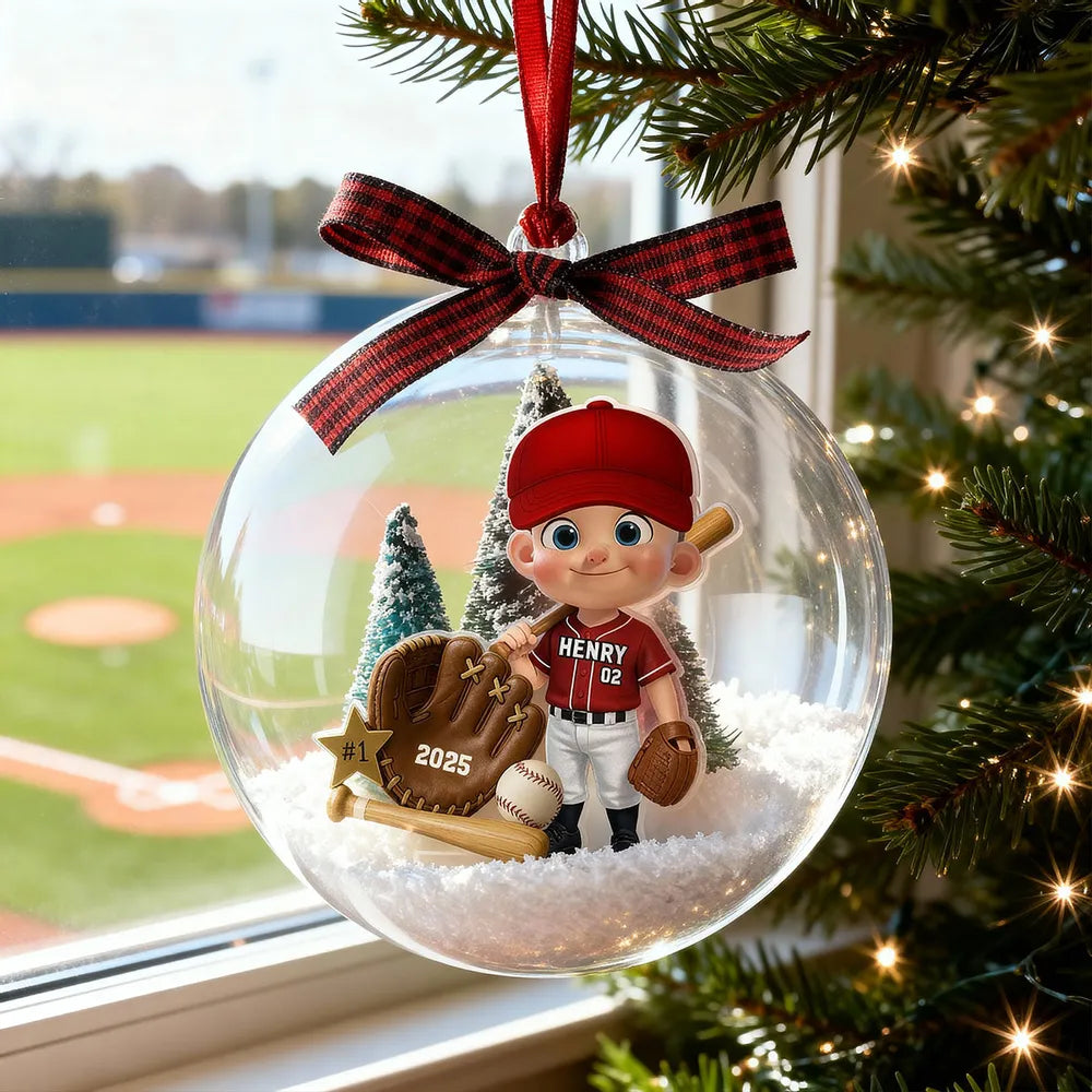 Snow Globe Ornament with Baseball Player - Personalized, Clear Acrylic, Winter Scene, a Unique Gift for Kids & Grandkids