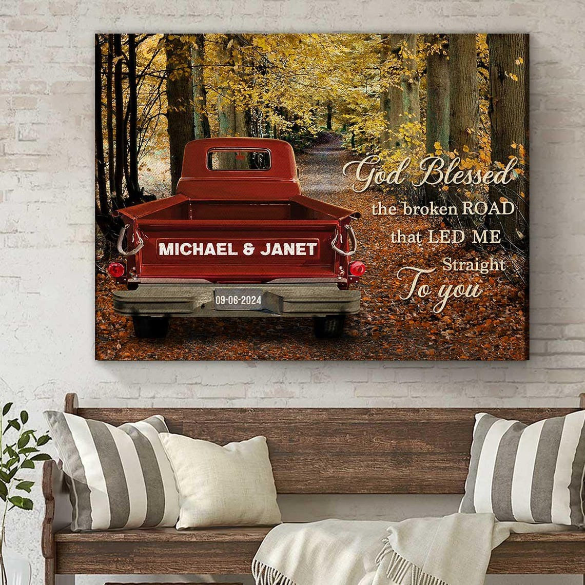 Vintage Truck Poster - 'God Blessed the Broken Road' Forest Art, Personalized Gift for Couples, Wedding or Anniversary